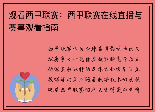 观看西甲联赛：西甲联赛在线直播与赛事观看指南