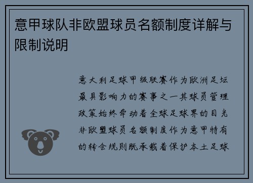 意甲球队非欧盟球员名额制度详解与限制说明